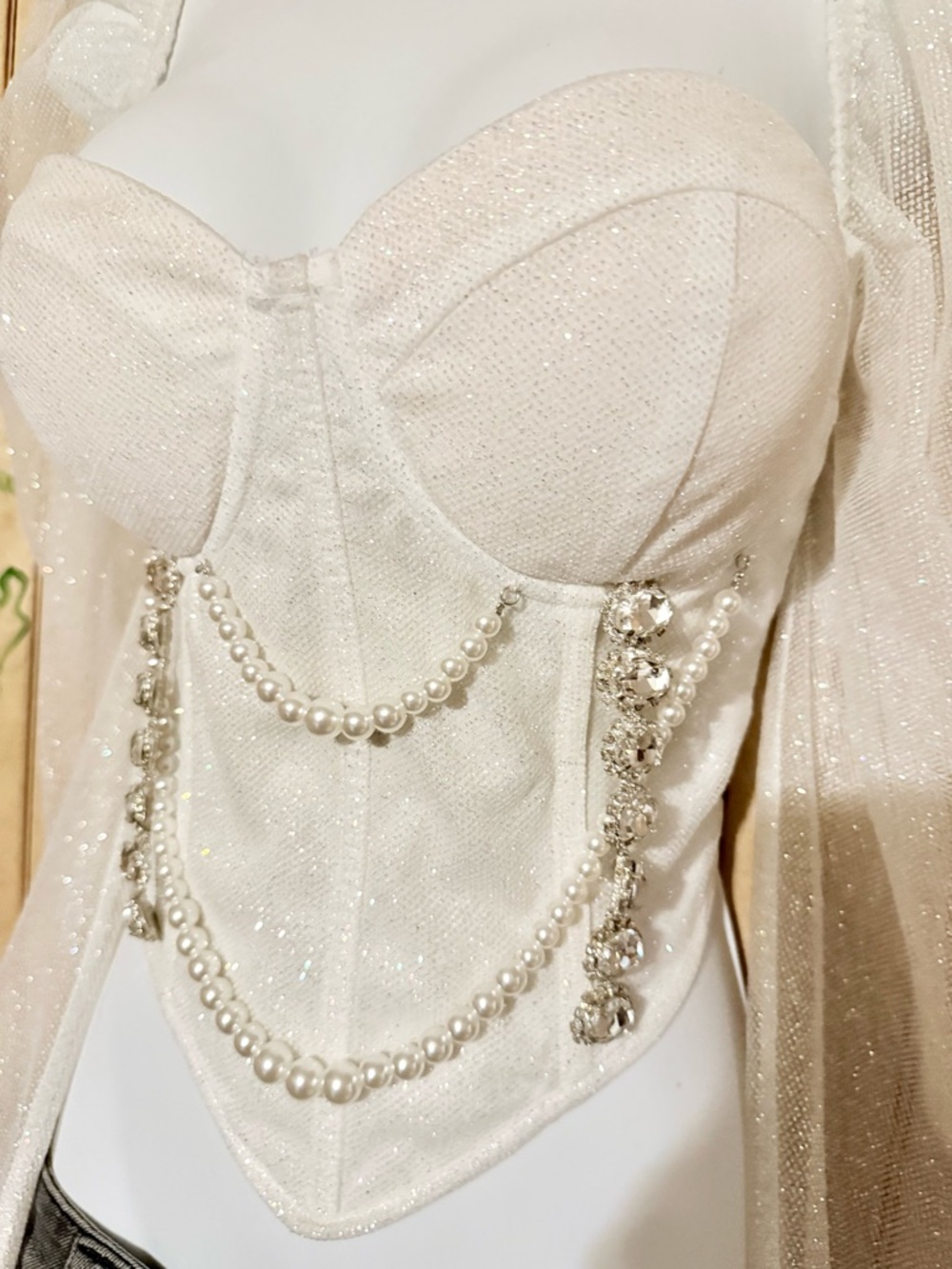 Pearl-Trimmed Ivory Sparkle Corset Crop Top